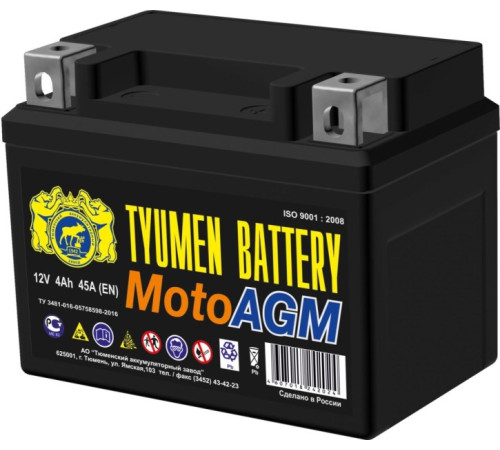 Аккумулятор мото AGM 6МТС-4 4Ah (50A) (12V) о/п (-;+) болт
